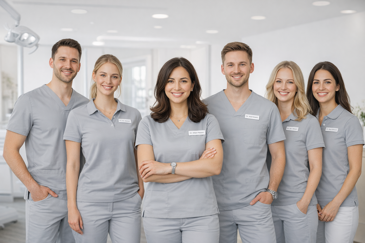 Freundliches Denticum Zahnarztteam aus Peine in grauer Arbeitskleidung lächelt in die Kamera. Zahnarztpraxis im Hintergrund.